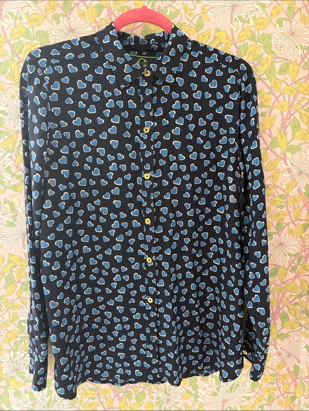 C. Wonder Silk Navy Blouse with Blue Heart Print